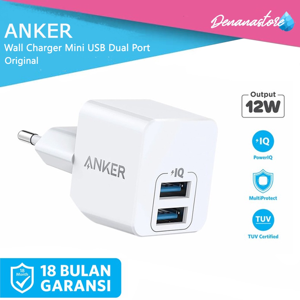 Wall Charger Anker Powerport Dual USB Port Mini Adapter Power IQ 12W Kepala Casan Handphone Android 