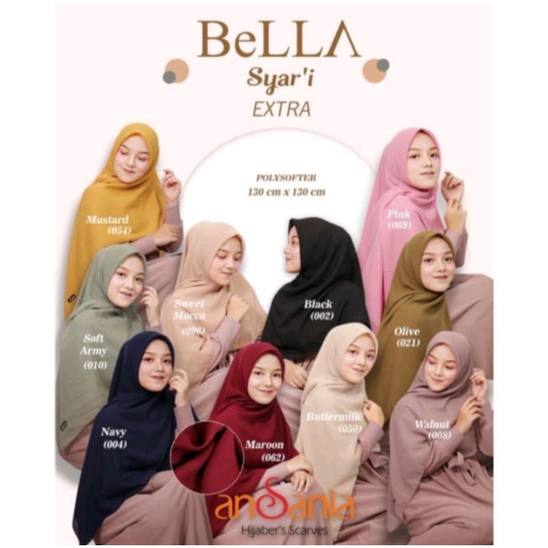 Hijab segiempat Bella square jumbo syar'i Ukuran 130x130cm Bahan pollycotton | Hijab segiempat jumbo
