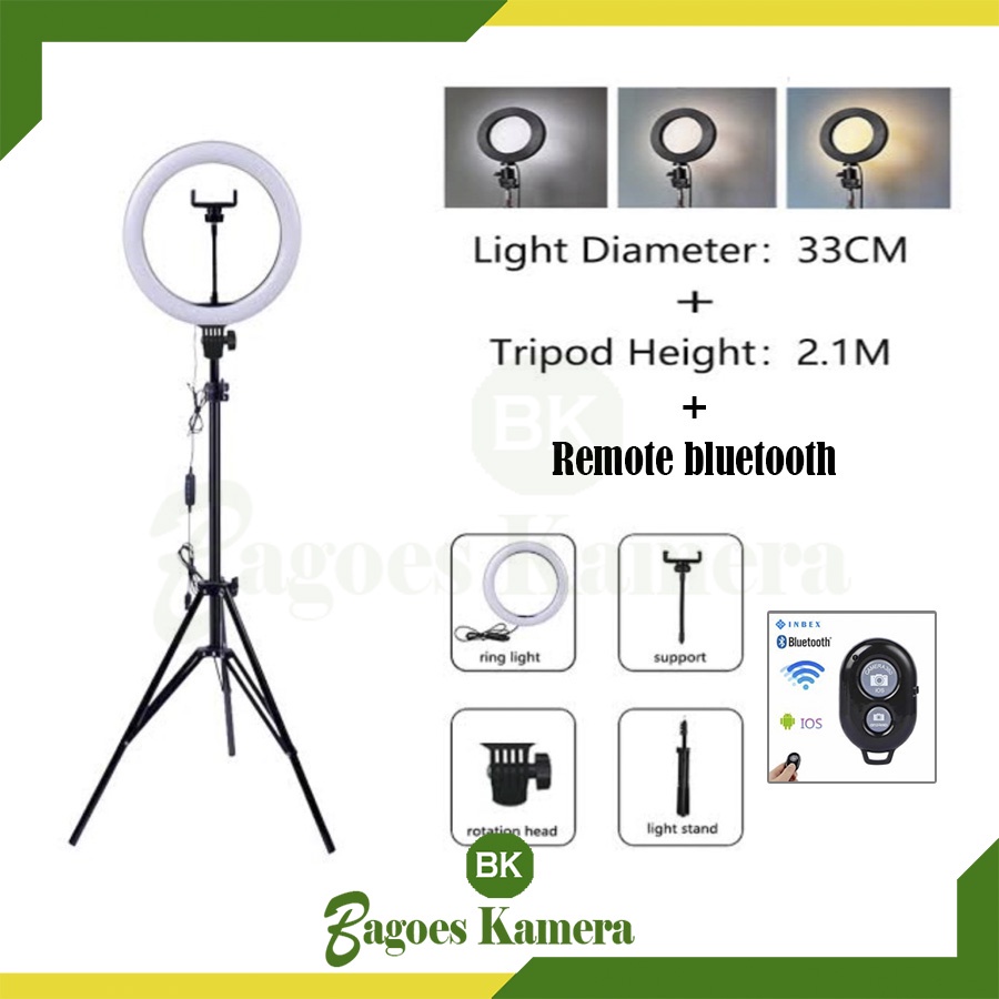 Paket Komplit Ringlight 33 cm + Tripod 2,1 Meter Bonus Remote Bluetooth Hp Make Up Vlog Lampu Ringli