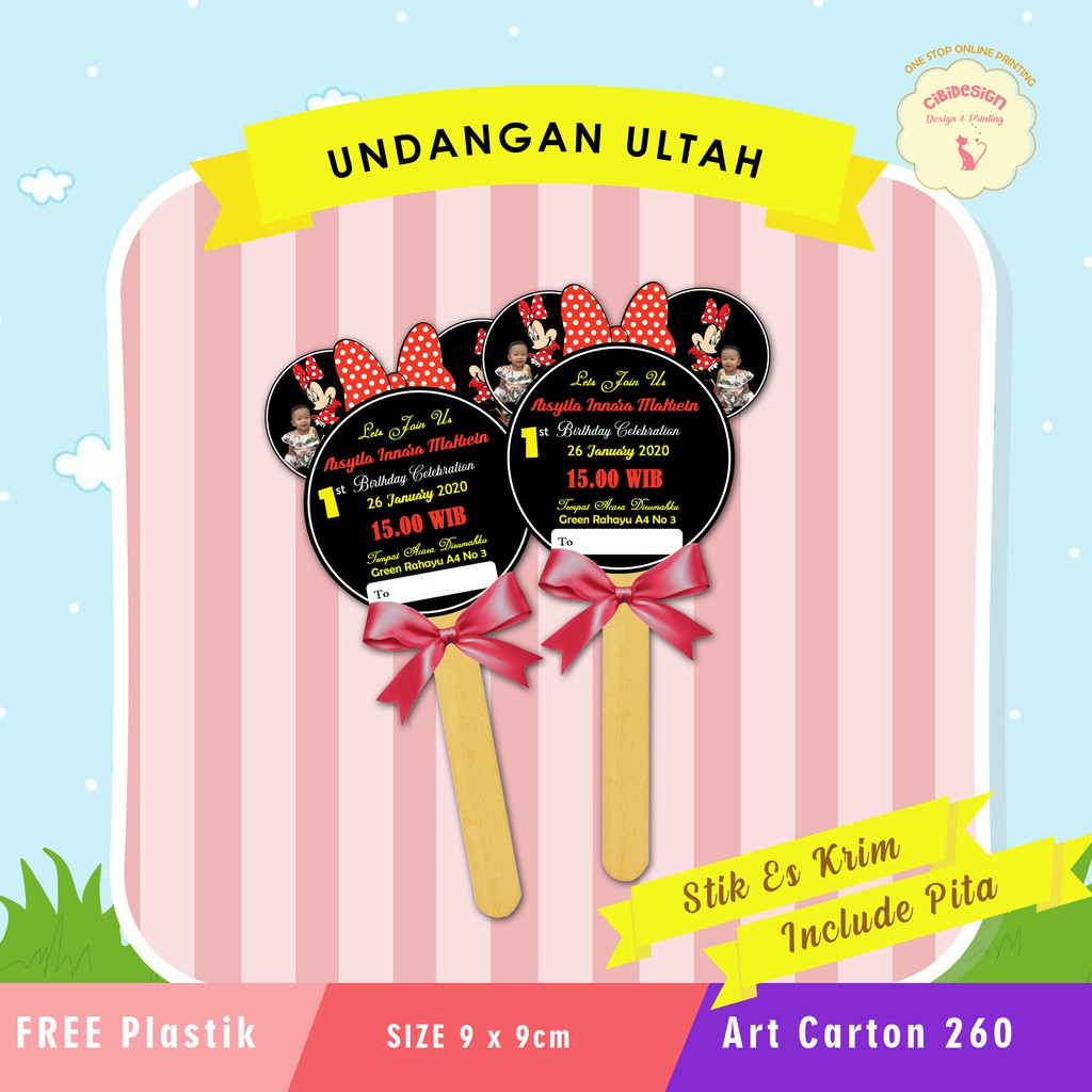 Kartu Undangan Ulang Tahun Ultah Anak Custom Lucu Unik Minnie Mouse Stik Es Krim Murah Shopee Indonesia