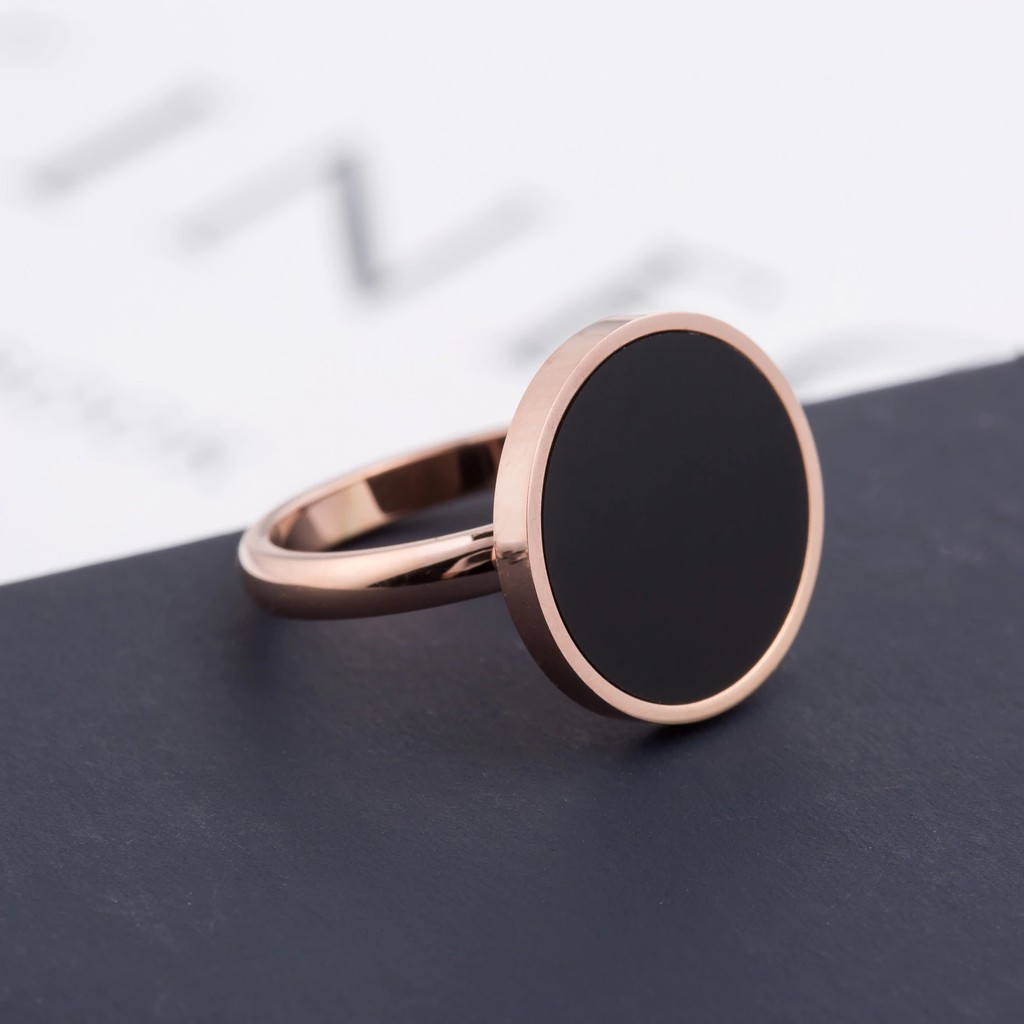 CINCIN TITANIUM ROSE GOLD BULAT WARNA HITAM UNTUK WANITA SIMPLE ELEGAN