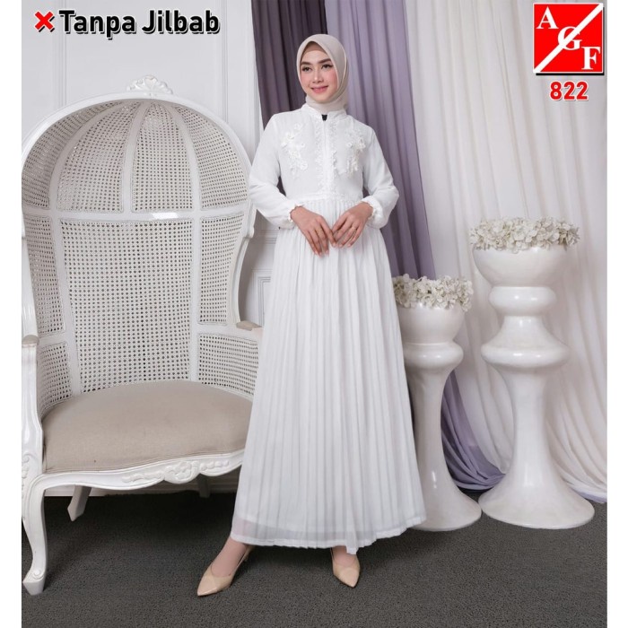 Umroh Lebaran Putih Gamis Agnes Wanita Plisket Busana Baju Gamis Musli