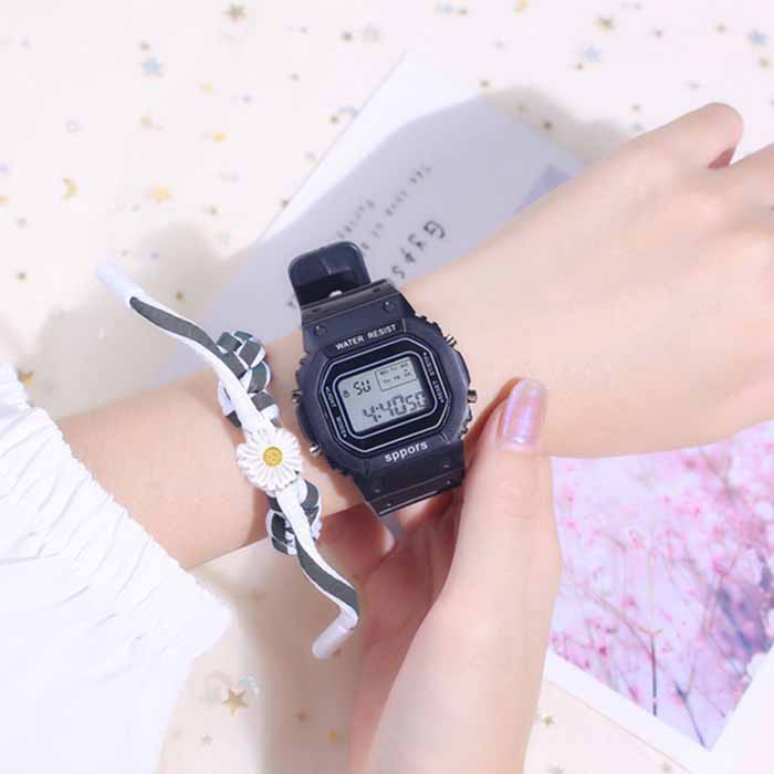 Jam Tangan Strap Rubber Untuk Wanita/Jam Tangan Wanita Fashion Korea Style Digital Sport-black + hand strap