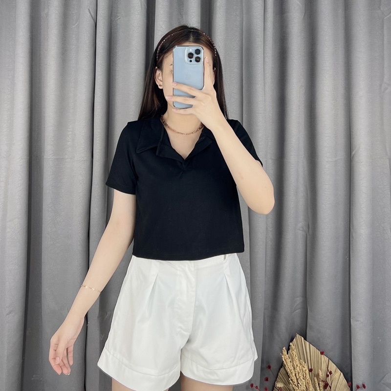 Crop top polo knit  basic 1676 | Atasan rajut wanita