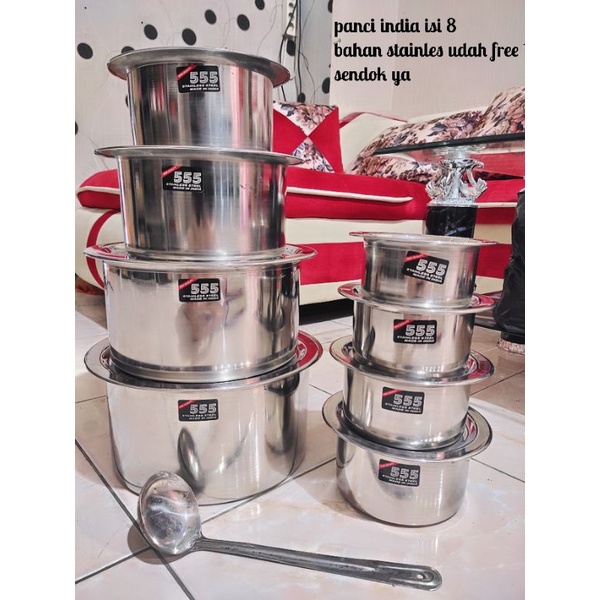 Panci India isi 8 Merk 555 Bahan Stainles tebal
