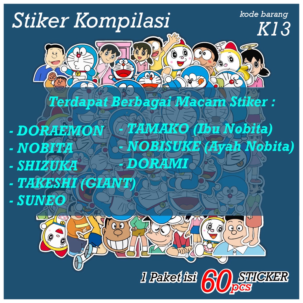 60 PCS STICKER KARTUN DORAEMON NOBITA SHIZUKA SUNEO GIANT LUCU AESTHETIC - STIKER ANTI AIR UNTUK CASE TUMBLER LAPTOP KOPER HP SCRAPBOOK - K13