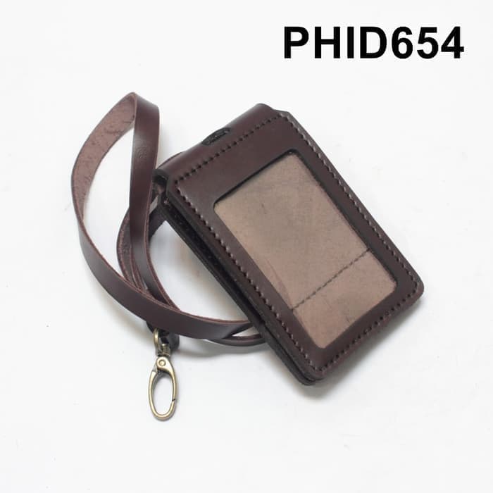 

ID card holder lipat kulit asli coklat name tag magnet tali PHID654
