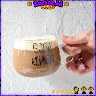 Cangkir Kopi Glass Coffee Mug Good Morning 350ml - 9H8D - Transparent