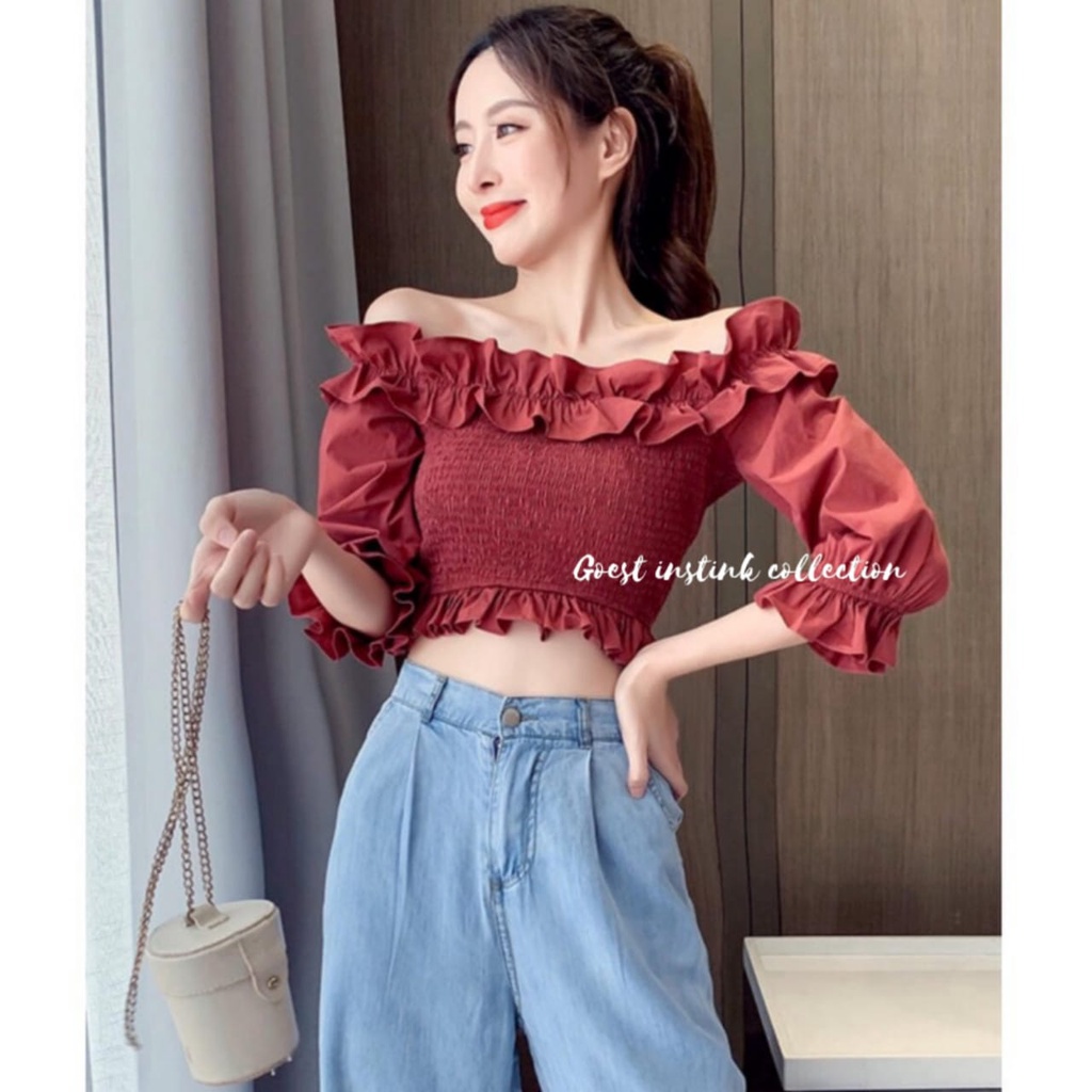 Blouse Sabrina LAURA Ruffle Off Shoulder Baju Sabrina Crop Top Lengan Panjang Kerut