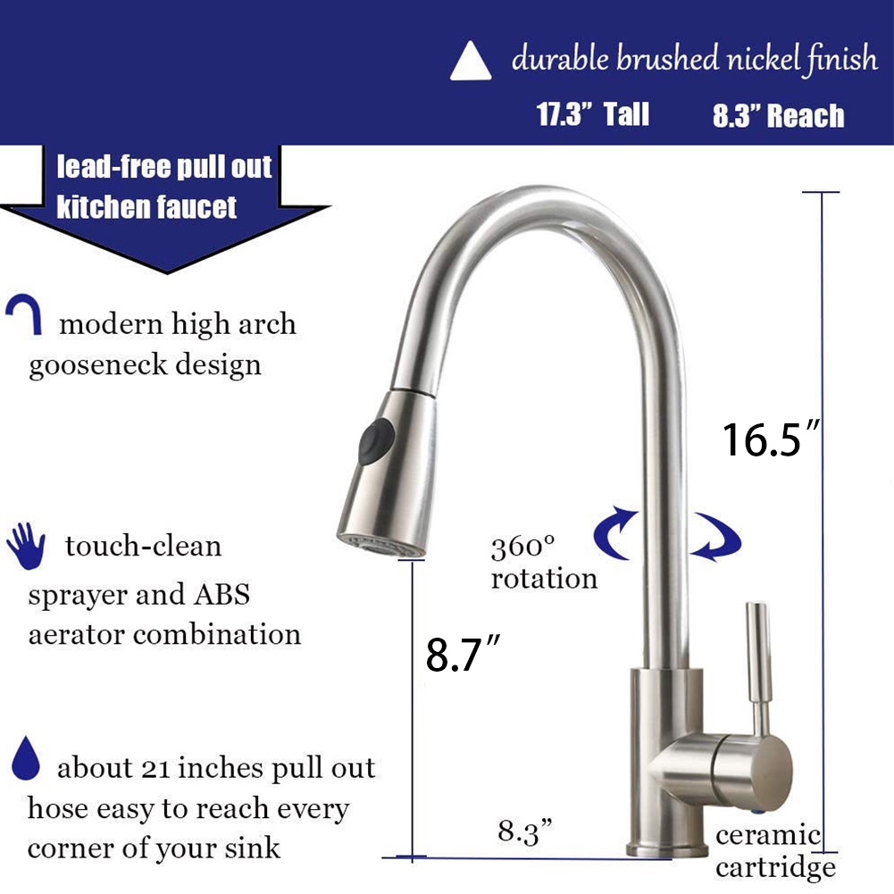 Sink Brushed Nickel Mixer Pull Out Single Hole Sprayer Swivel