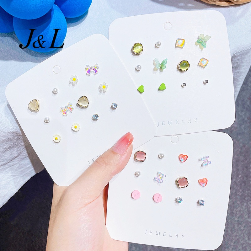 6 pair/set Fashion Women Jewelry Rhinestone Opal Heart Butterfly Pearl Flower Stud Earrings Set