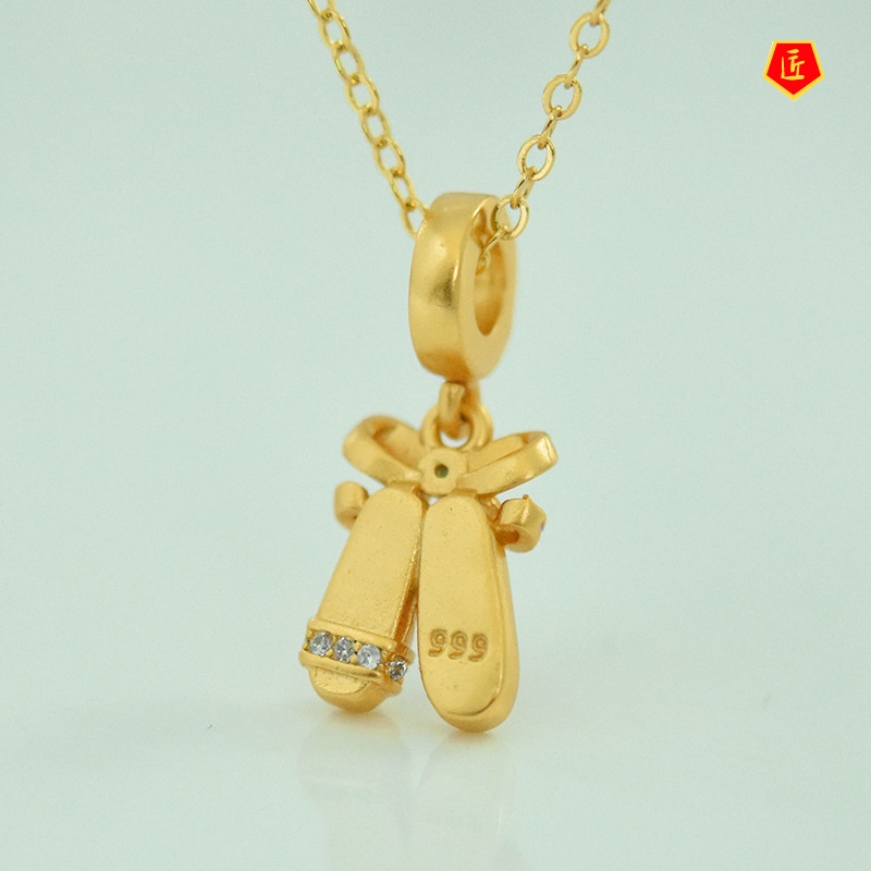 [Ready Stock]Fashion Creative Ballet Shoes Jeweled Pendant Pink Bow Gold Necklace Lucky Beads