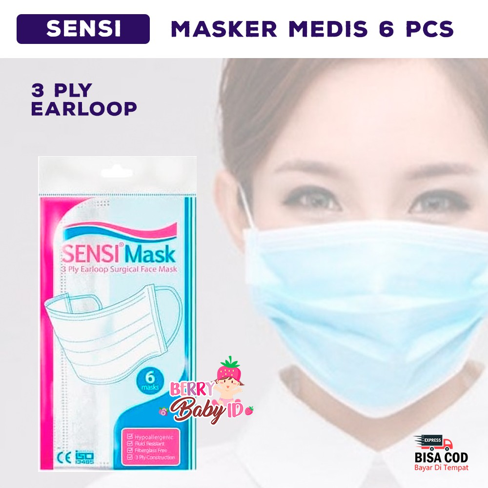 Sensi Surgical Face Mask Earloop 3 Ply Masker Medis isi 6 pcs Berry Mart