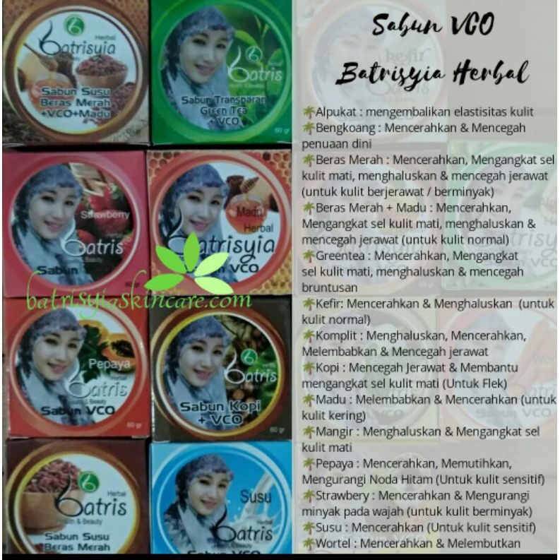 Sabun VCO batrisyia herbal untuk muka cerah anti kusam jerawat aroma kopi, greentea, beras, madu, kefir