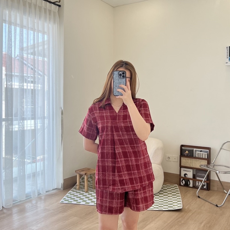 Linen Kotak Kotak Set Wanita