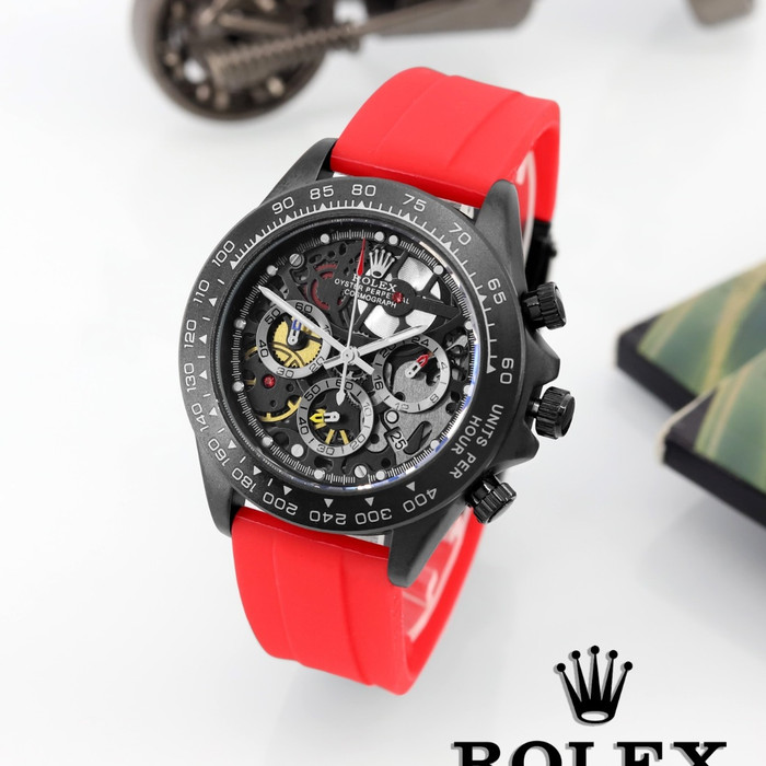 jam tangan fashion pria Rolex crono aktif 45mm tali Rubber - Merah