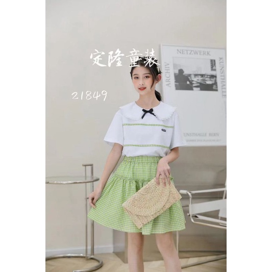 SETELAN BAJU KERAH PITA DAN ROK PETAK ANAK PEREMPUAN CEWEK MODEL KOREA PREMIUM IMPORT UMUR 7-11 TAHU