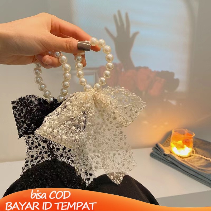 COD❤️Rambut Tali Sederhana Temperamen Renda Mutiara Jepit Rambut  Busur Simpul Rambut Band Karet Gelang Wanita Perhiasan Fashion Aksesoris Impor Murah