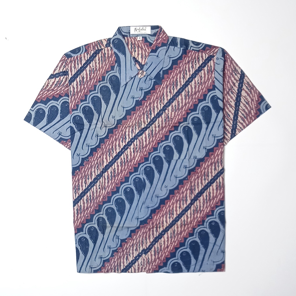 Kemeja Baju Batik Pria Lengan Pendek Cap Merah Biru Muda Parang