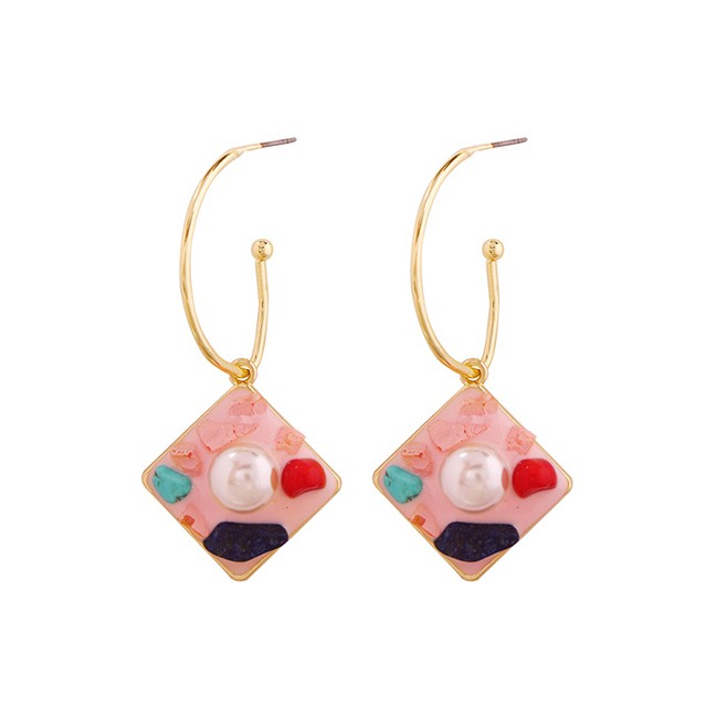 LRC Anting Tusuk Fashion Diamond Alloy Natural Stone Imitation Pearl Geometric Earrings F730XX