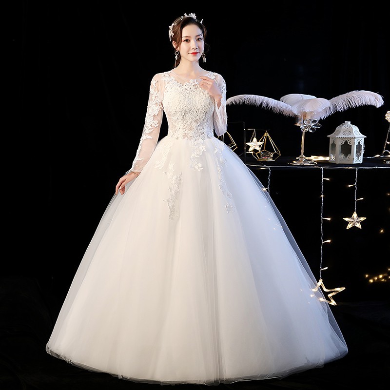 Fashion Puith Gaun Pengantin Renda Lengan Panjang Gaun Pesta Pengantin White Lace Wedding Dress