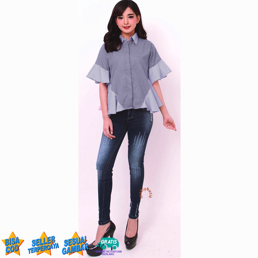CUCI GUDANG Baju Kemeja Gisella Rimple Casual Blouse Kemeja Trendy Wanita Lengan Pendek Motif Kotak Murah - Lovelybutik