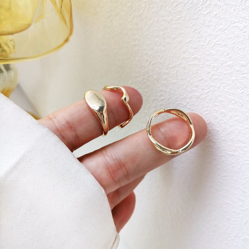 3 Pcs/set Cincin Terbuka Wanita Korea Anti Karat Dan Luntur Jari Telunjuk Desain Geometri Asimetris Untuk Retro Fashion Murah