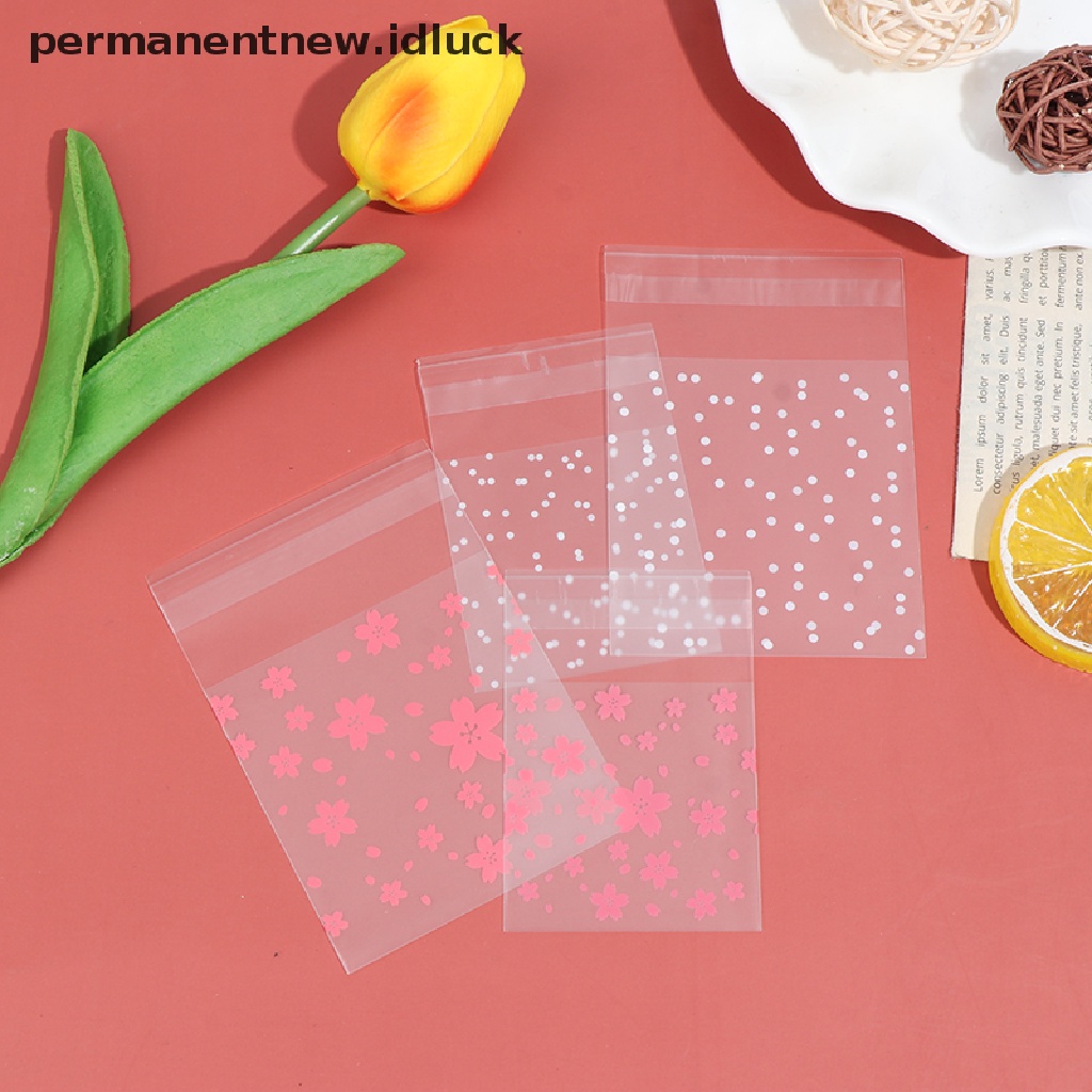 100 Pcs / Set Kantong Plastik Motif Dots Cherry Blossoms Untuk Permen Cookies