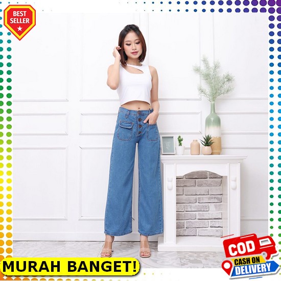 Celana Jeans Wanita Kekinian Clana Jins Cewek Hw Pinggang Karet B Nk607 Fwr - Celana Kulot Jeans Pan