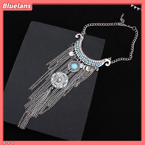 Bluelans Women Bohemian Turquoise Long Tassels Pendant Necklace Alloy Choker Chain