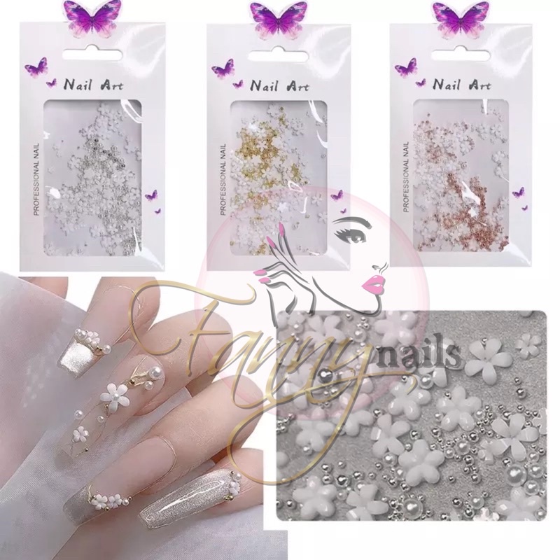 LITTLE FLOWER 3D WEDDING NAILS HIASAN BUNGA PUTIH NAIL ART MIX SIZED FLOWER INSTANT 3D WEDDING NAILS