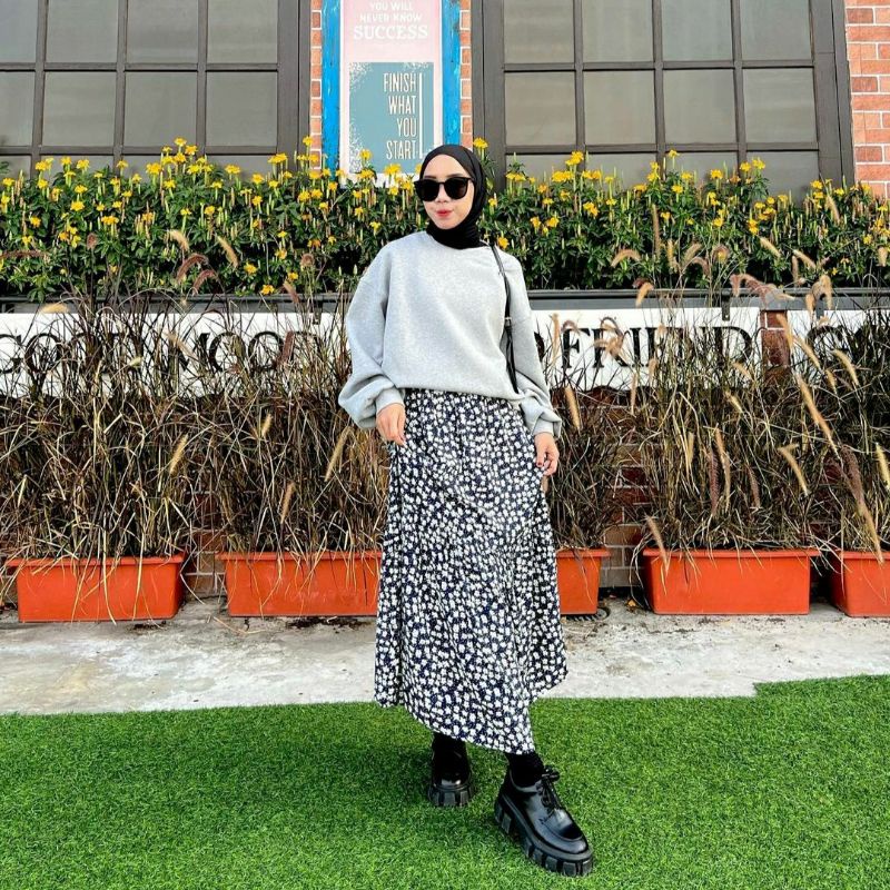 Rok plisket motif bunga/rok midi wanita