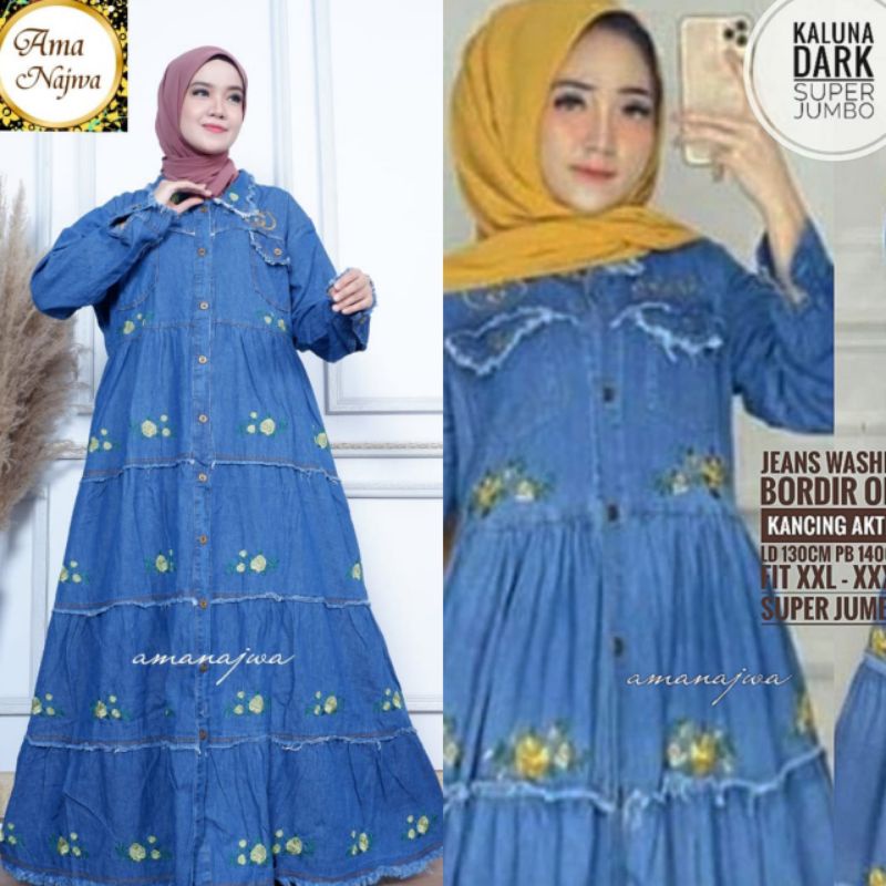 LD 130 GAMIS JEANS MOTIF BUNGA BORDIR ORI