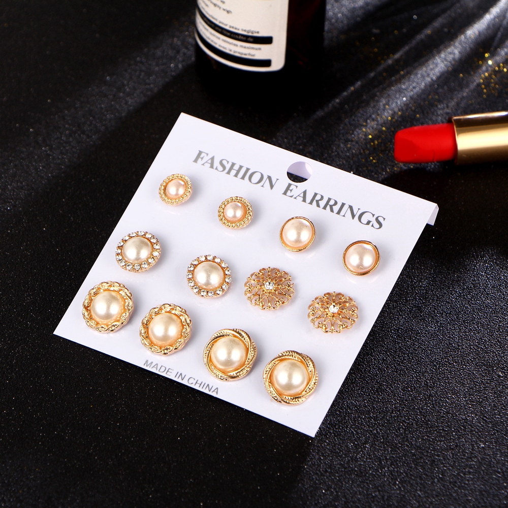 Simple Style Pearl Crystal Earrings Set Gold Fashion Luxury Round Stud Earring Women Accessories Gift