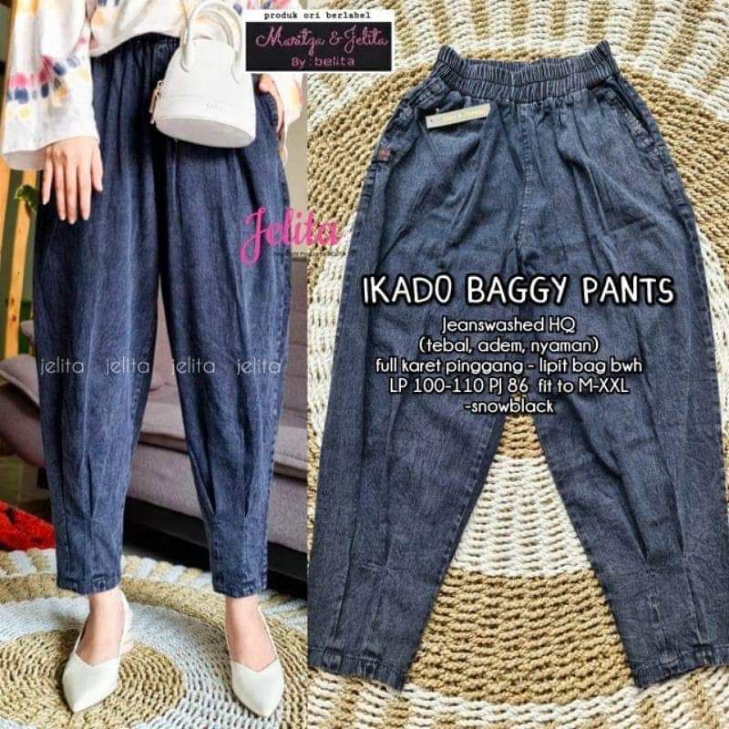 Celana Baggy Jeans Wanita Ikado Pants 7/9 Snow Black Terlaris