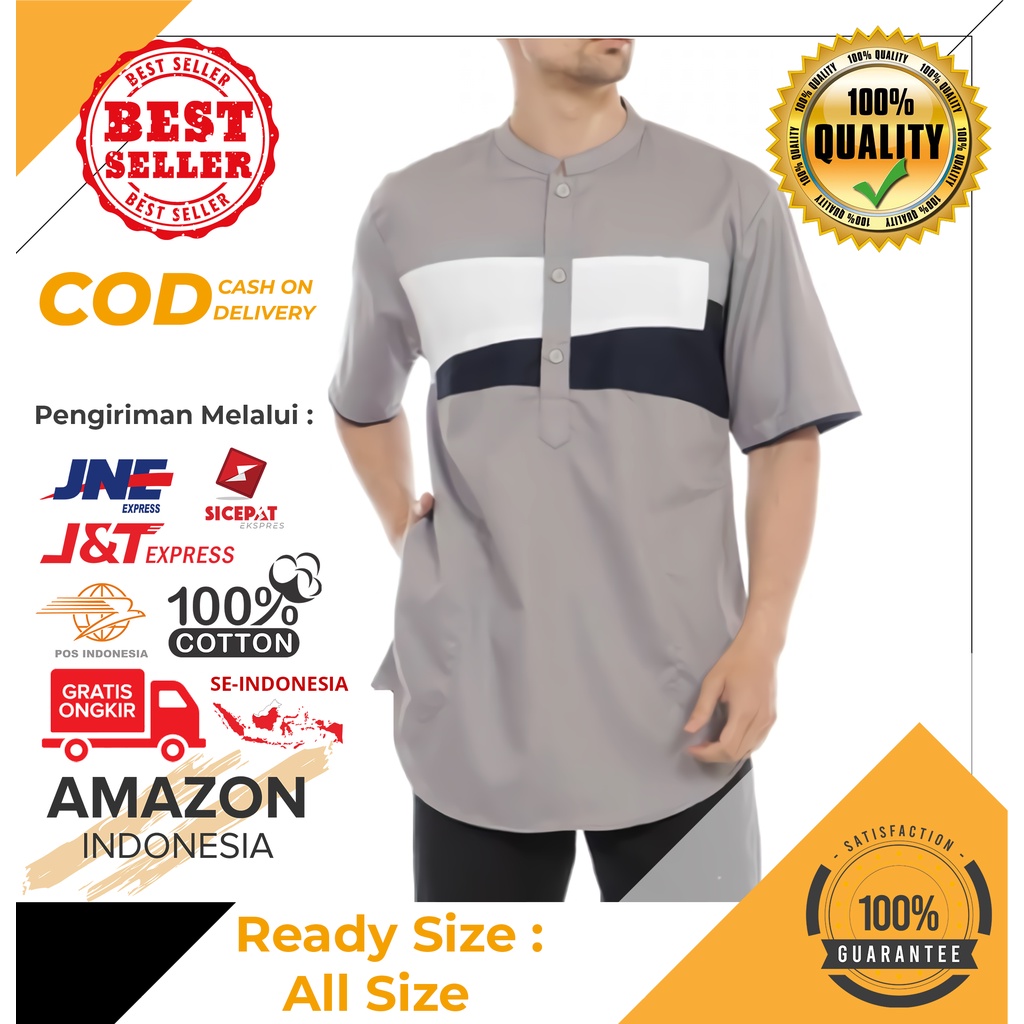 KOKO PRIA PAKAIAN MUSLIM ATASAN CASUAL LENGAN PENDEK WARNA ABU ABU BAHAN MATT TOYOBO NON STRETCH TEBAL