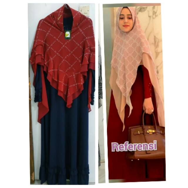 set gamis/dress khimar/hijab syari like  sisesa printing mewah pesta elegant preloved/second/Pl