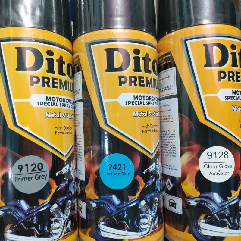 Pilok Paket Lengkap Cat Diton Premium Primer Grey 9120 Fortune Blue 9421 Clear Gloss 9128 400cc.. Pilok Paketan Fortune Blue Cat Semprot Diton Premium 400cc