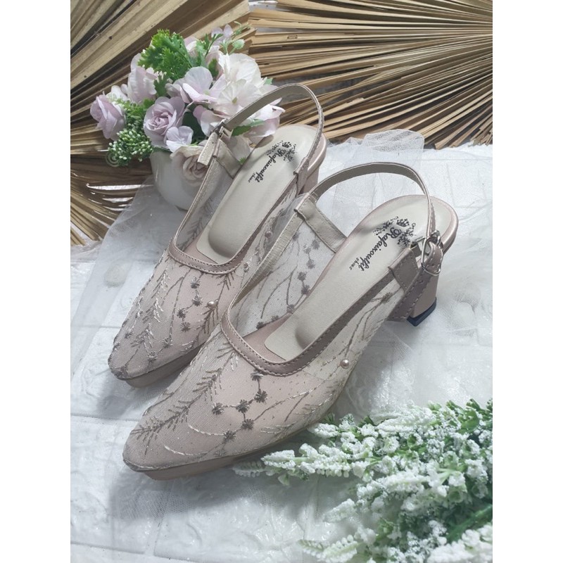 sepatu pesta rosegold Clarissa brukat mocca tinggi 7cm tahu