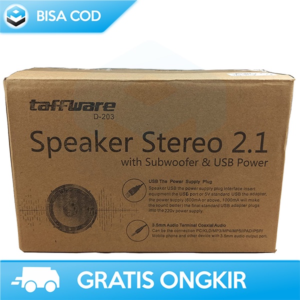 SUBWOOFER SPEAKER STEREO 2.1 TAFFWARE SUPER BASS USB 3W MODERN DESIGN