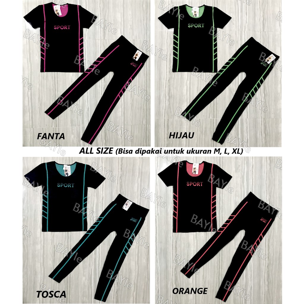 BAYIe-6101 Setelan Baju Pendek+Celana Legging Panjang Senam/Sport/Zumba/Aerobic/Yoya/Gym Wanita FEMA