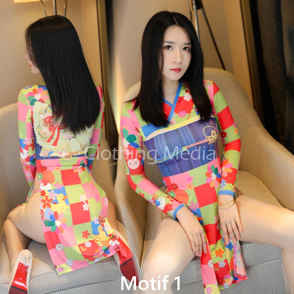 Gaun Split Silky Motif Tradisional Kimono Bunga Lengan Panjang Halus Baju Yukata