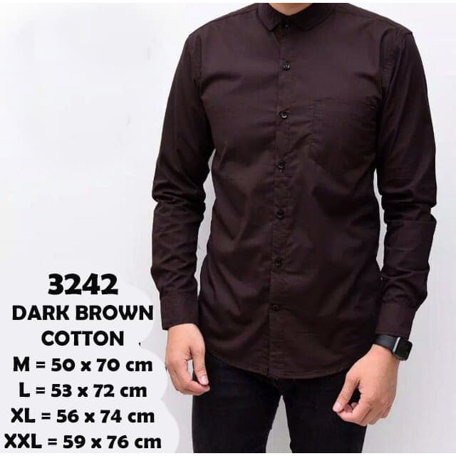 Baju Hem Kemeja Lengan Panjang Pria Coklat Dark Brown Polos Cowok 3242