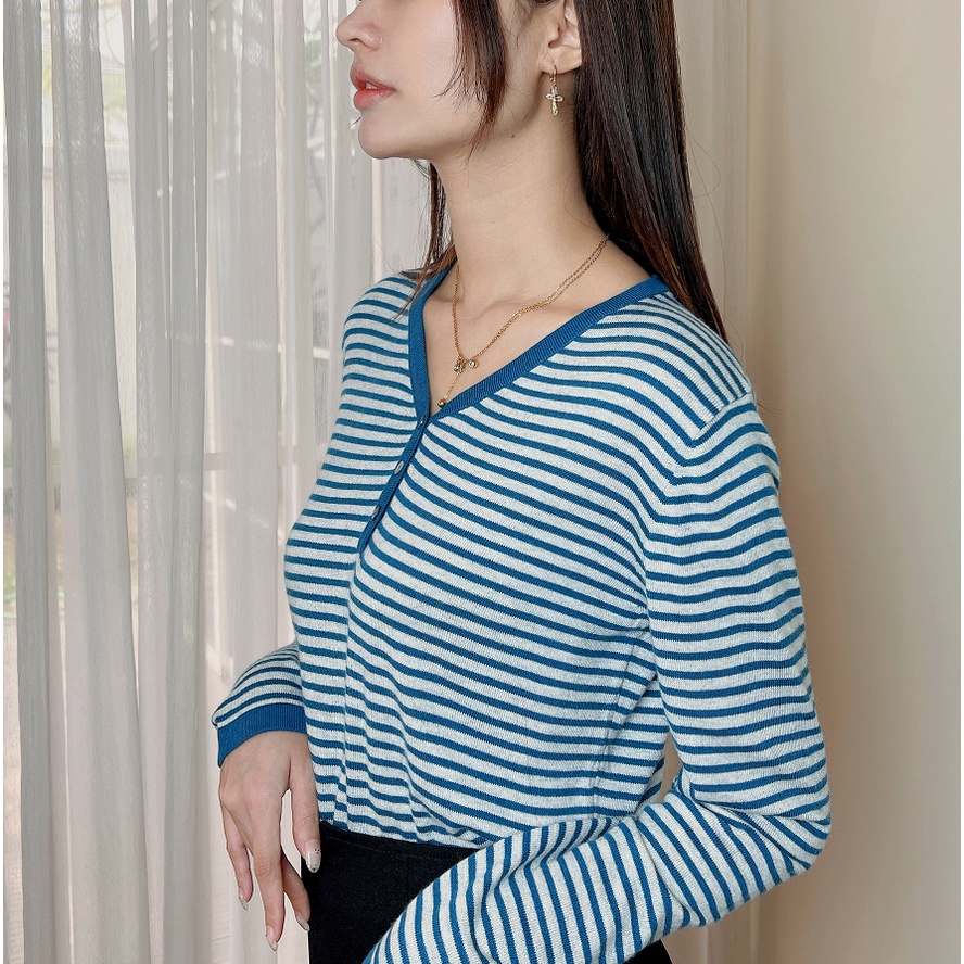 【Elegant】Summer  Striped Long Sleeves With Buttons knitting T-Shirt 7401