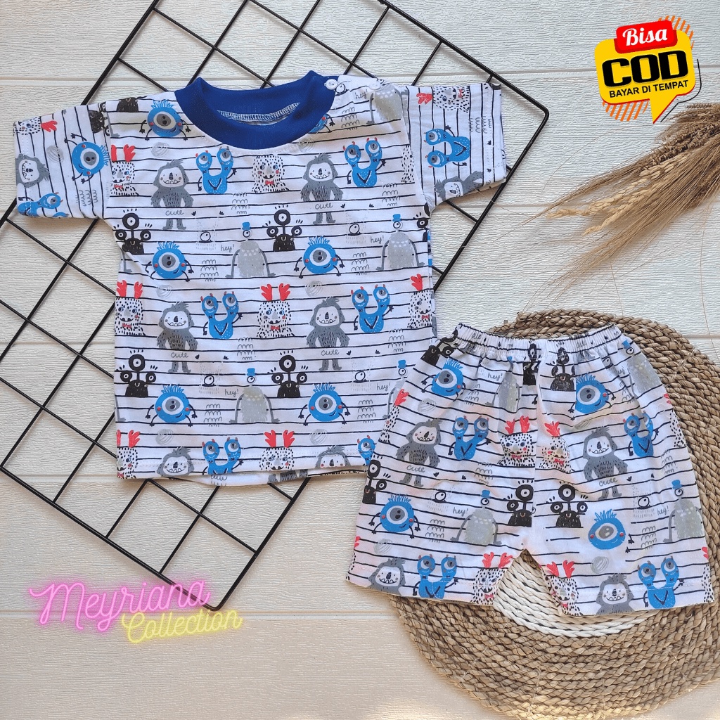 Setelan Baju Bayi Lengan Pendek Kaos Oblong Kancing Bahu Anak Usia 3-12 Bulan Motif Monsters Ink Meyriana Collection