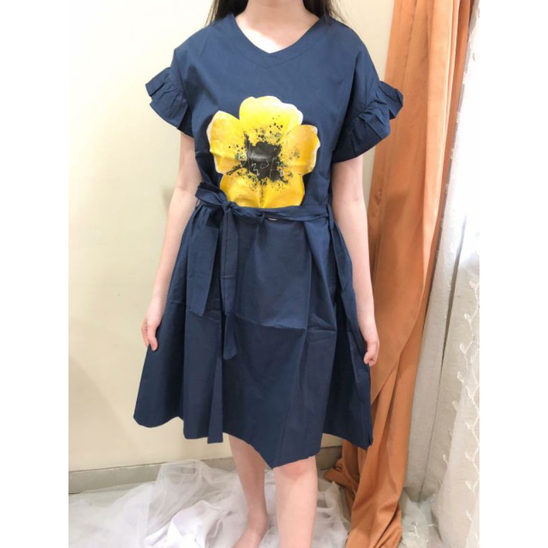 Dress casual A Line dress sablon depan tali pinggang bisa dilepas Ken-117