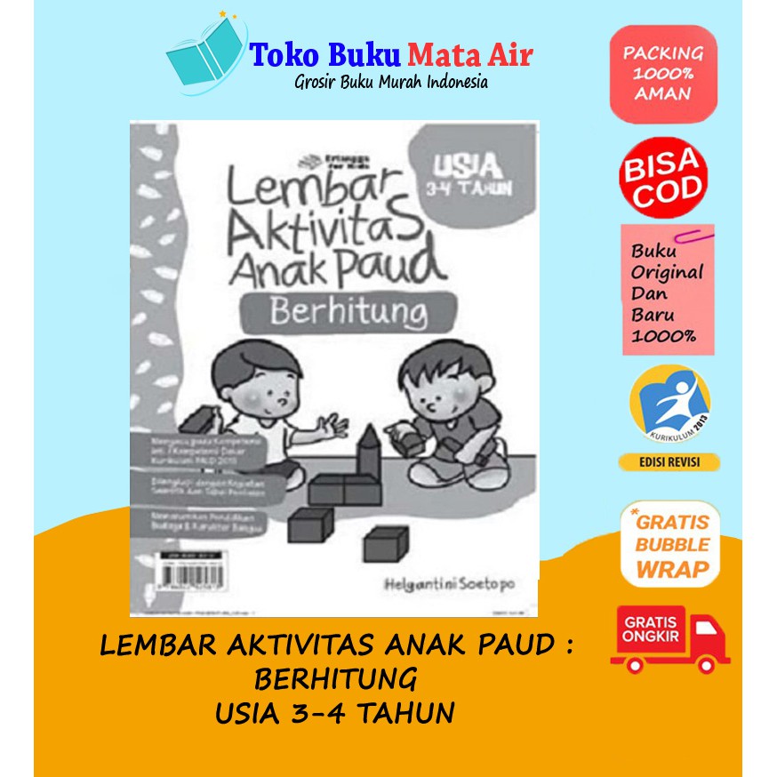 LEMBAR AKTIVITAS ANAK PAUD : BERHITUNG USIA 3-4 TAHUN ERLANGGA FOR KIDS