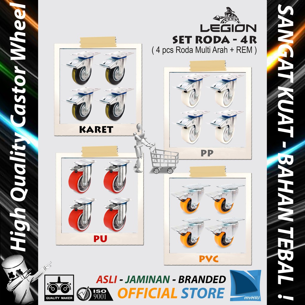 Set Roda Lori Isi 4 pcs 4&quot; inch / 100 mm Roda Besi Caster Troli - Trolley Castor Set 4R LEGION