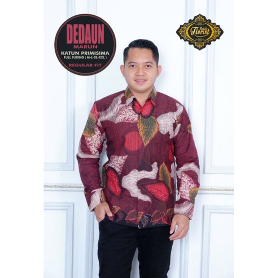 KEMEJA BATIK SOLO MOTIF DAUN DEDAUN MERAH MAROON PREMIUM BATIK PRIA SIZE M L XL XXL