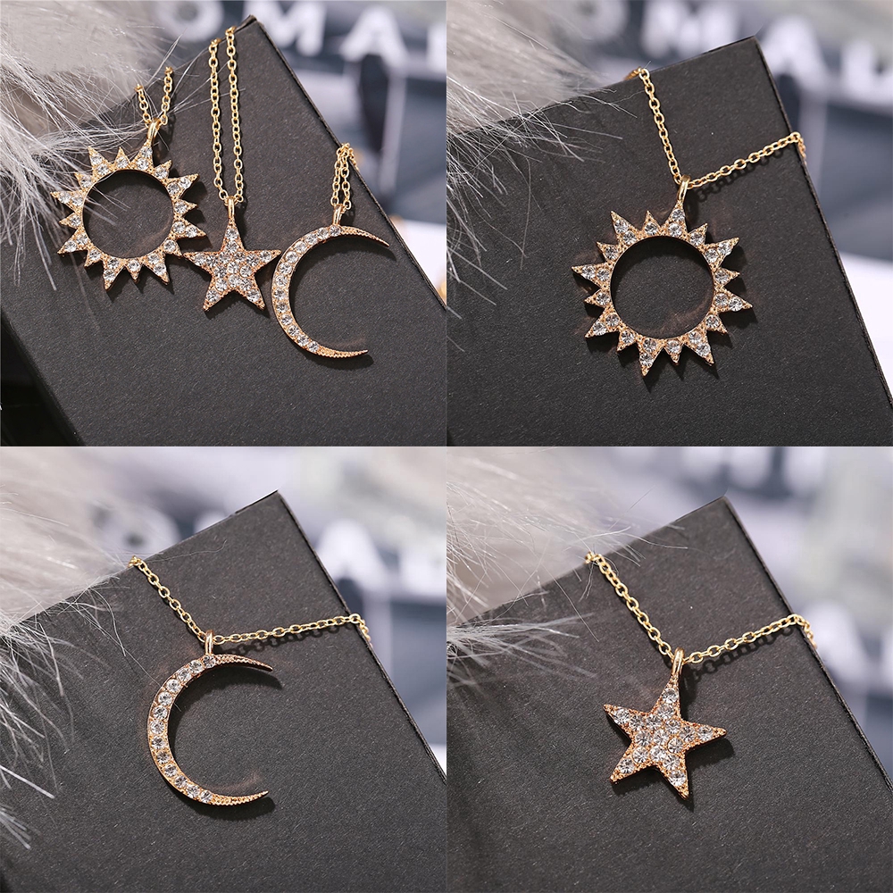 Set Perhiasan Kalung Anting Menjuntai Desain Bulan Bintang Matahari Galaksi Warna Emas Untuk Wanita